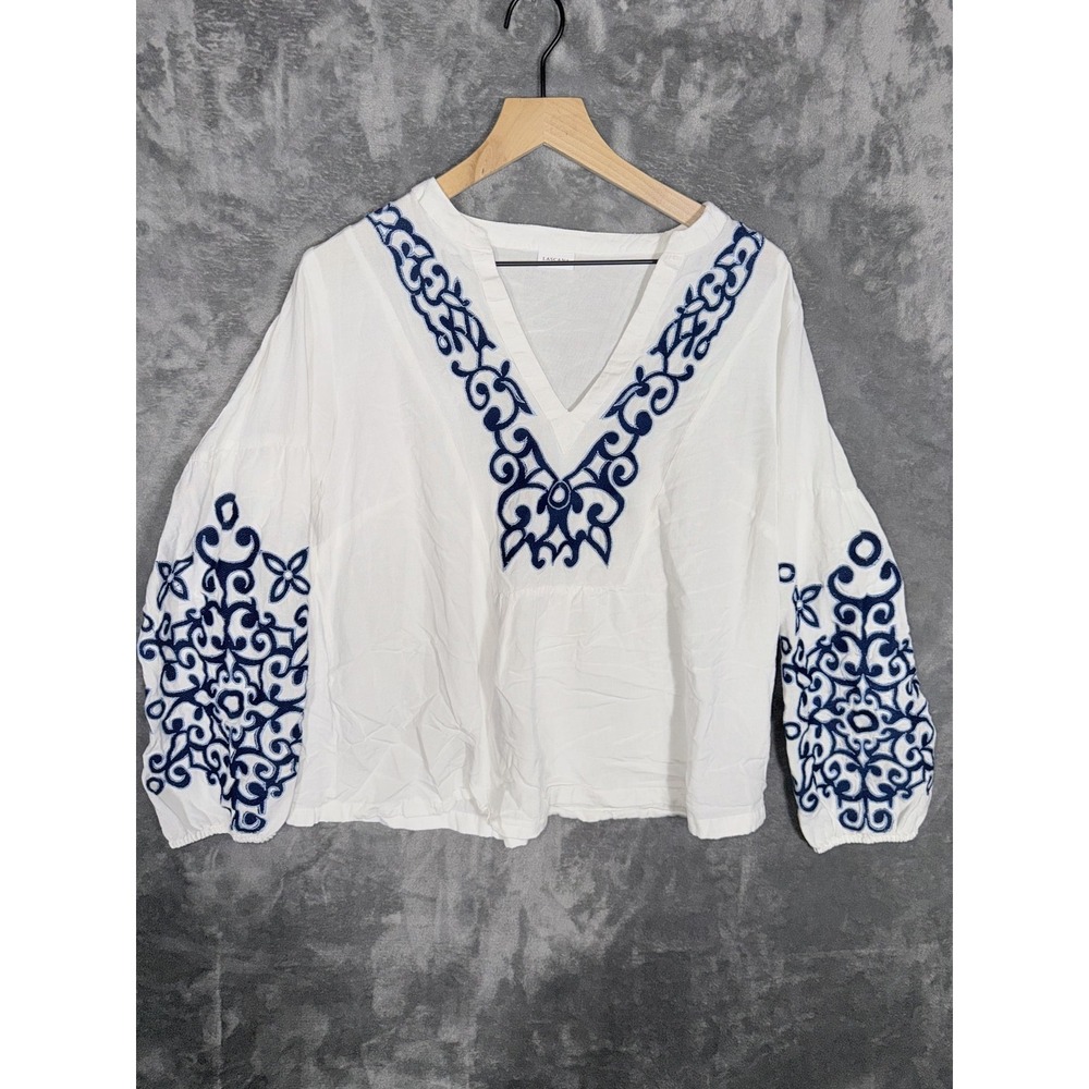 Lascana Women Embroidered Blouse US 14 White Navy V Neck Long Sleeve Peasant Top